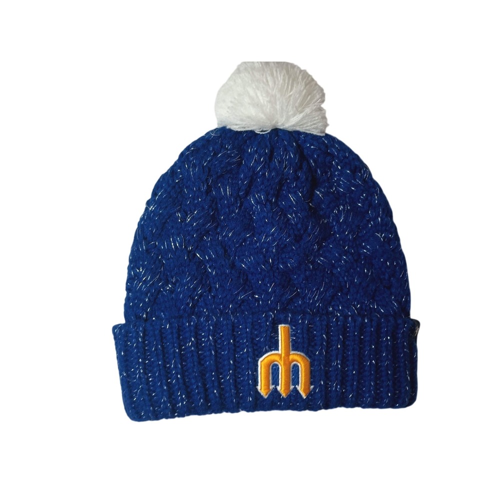Seattle Mariners MLB Blue Silver Sparkle Trident Logo Pom Pom Knit Beanie Hat